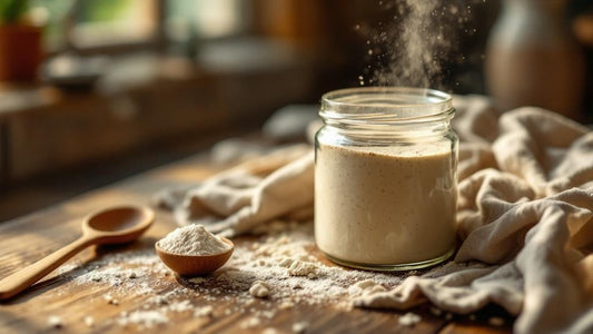 Live sourdough culture showing active wild yeast fermentation on a weathered oak kitchen counter — sourdough starter jar target guide from Mother's Country Store