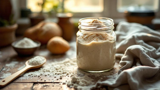 Sourdough culture at peak rise with domed top in a warm Southern kitchen setting — sourdough starter jar warmer guide from Mother's Country Store