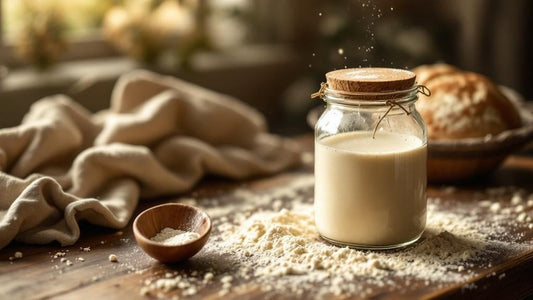 Heritage sourdough starter in a glass jar with rubber band marker beside a kitchen scale and mixing bowl — sourdough starter kit for beginners guide from Mother's Country Store