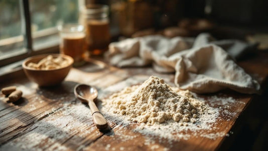 Close-up of sourdough starter texture showing gluten strands beside scattered flour and a wooden spoon — sourdough starter kit nearby guide from Mother's Country Store