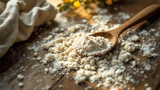 Heritage sourdough starter in a glass jar with rubber band marker beside a kitchen scale and mixing bowl — sourdough starter kit target guide from Mother's Country Store