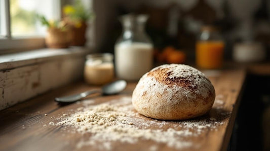 Sourdough starter with a domed top at peak rise next to measuring spoons on a farmhouse table — sourdough starter kit walmart guide from Mother's Country Store