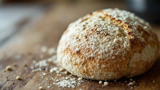 Sourdough starter being fed flour and water with a crumpled dish towel in the background — sourdough starter looks dry guide from Mother's Country Store