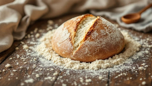 Sourdough starter jar with scattered flour on wooden surface with warm natural window light — sourdough starter looks grey guide from Mother's Country Store