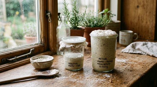 Heritage sourdough starter in a glass jar with rubber band marker beside a kitchen scale and mixing bowl — sourdough starter mistakes guide from Mother's Country Store