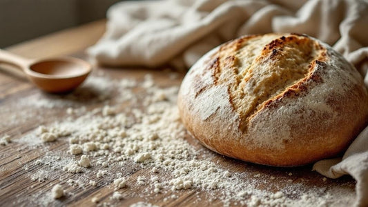 Heritage sourdough starter in a glass jar with rubber band marker beside a kitchen scale and mixing bowl — sourdough starter names funny guide from Mother's Country Store