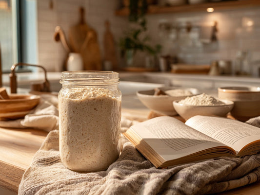 Glass jar of sourdough starter on a rustic kitchen counter next to measuring spoons on a farmhouse table — sourdough starter not rising fix guide from Mother's Country Store