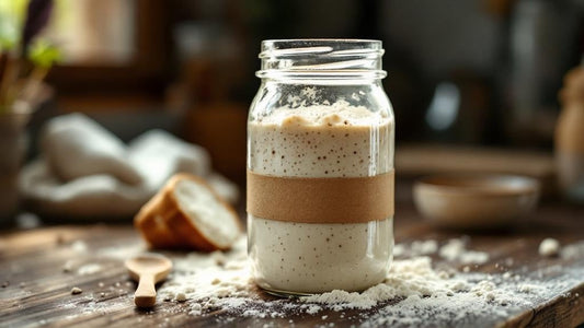 Close-up of sourdough starter texture showing gluten strands beside scattered flour and a wooden spoon — sourdough starter only rising a little guide from Mother's Country Store