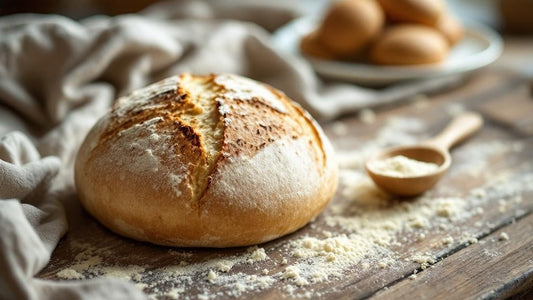 Glass jar of sourdough starter on a rustic kitchen counter next to measuring spoons on a farmhouse table — sourdough starter organic guide from Mother's Country Store