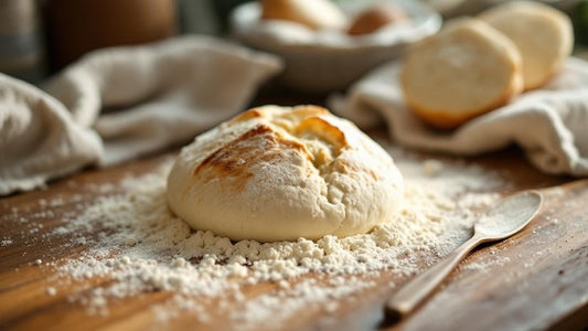 Wild yeast culture in a glass jar with wooden spoon nearby on a marble counter with flour dusting — sourdough starter out of fridge guide from Mother's Country Store