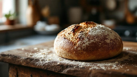 Active sourdough starter doubling in a glass jar on a linen-draped wooden surface — sourdough starter oven guide from Mother's Country Store