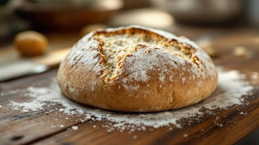 Wild yeast culture in a glass jar with wooden spoon nearby on a marble counter with flour dusting — sourdough starter overnight guide from Mother's Country Store