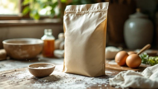 Sourdough starter being fed flour and water with a crumpled dish towel in the background — sourdough starter packet guide from Mother's Country Store