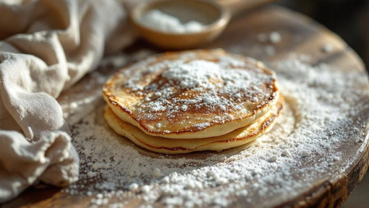Artisan sourdough starter in a hand-thrown ceramic crock surrounded by baking ingredients — sourdough starter pancake recipe guide from Mother's Country Store