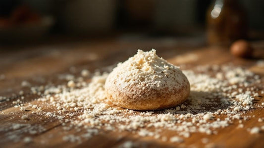 Sourdough starter in a clear glass jar showing visible bubbles beside scattered flour and a wooden spoon — sourdough starter peak time guide from Mother's Country Store