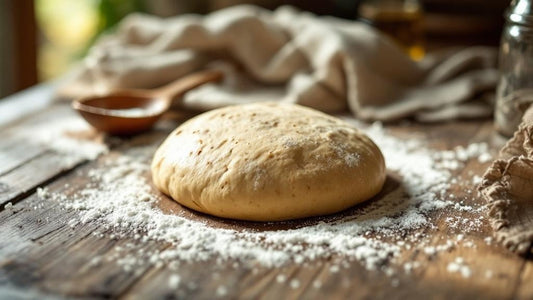 Glass mason jar of active sourdough starter on a weathered oak kitchen counter — sourdough starter pizza dough recipe guide from Mother's Country Store
