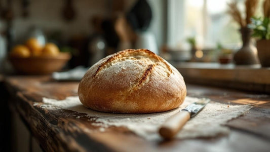 Sourdough starter in a clear glass jar showing visible bubbles beside scattered flour and a wooden spoon — sourdough starter recipe guide from Mother's Country Store