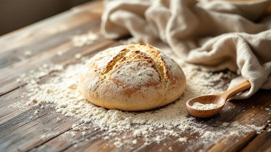 Heritage sourdough starter in a glass jar with rubber band marker beside a kitchen scale and mixing bowl — sourdough starter recipe pdf guide from Mother's Country Store
