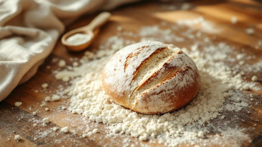 Glass jar of sourdough starter on a rustic kitchen counter next to measuring spoons on a farmhouse table — sourdough starter recipe with all purpose flour guide from Mother's Country Store