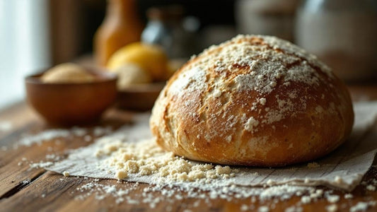 Sourdough starter in a clear glass jar showing visible bubbles beside scattered flour and a wooden spoon — sourdough starter recipe with yeast guide from Mother's Country Store