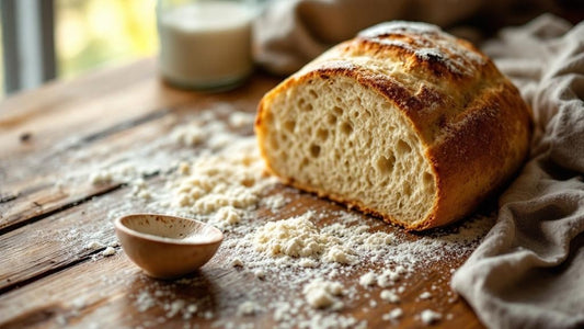 Wild yeast culture in a glass jar with wooden spoon nearby on a marble counter with flour dusting — sourdough starter recipes ideas guide from Mother's Country Store