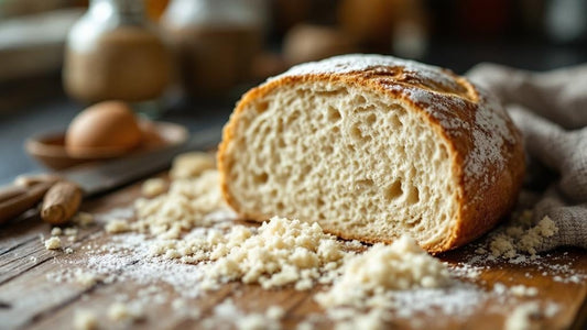 Sourdough starter being fed flour and water with a crumpled dish towel in the background — sourdough starter recipes not bread guide from Mother's Country Store