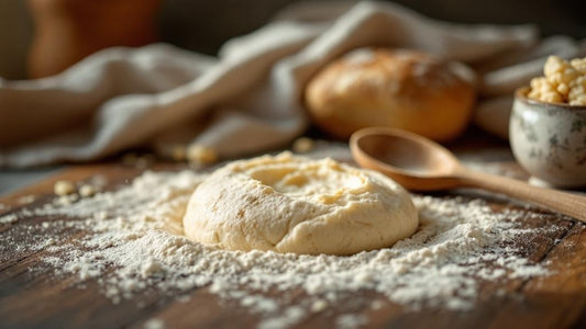Glass jar of sourdough starter on a rustic kitchen counter next to measuring spoons on a farmhouse table — sourdough starter separating guide from Mother's Country Store