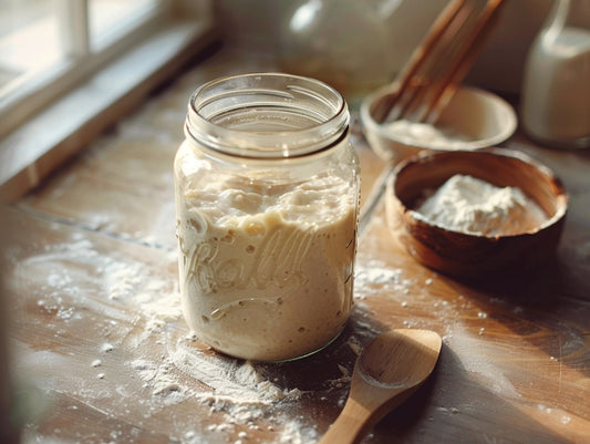 Artisan sourdough starter in a hand-thrown ceramic crock surrounded by baking ingredients — sourdough starter smells like acetone guide from Mother's Country Store