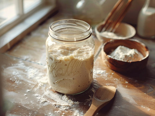 Artisan sourdough starter in a hand-thrown ceramic crock surrounded by baking ingredients — sourdough starter smells like acetone guide from Mother's Country Store
