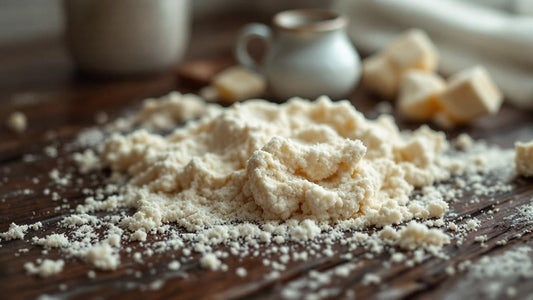 Sourdough starter in a clear glass jar showing visible bubbles beside scattered flour and a wooden spoon — sourdough starter smells like nail polish remover guide from Mother's Country Store