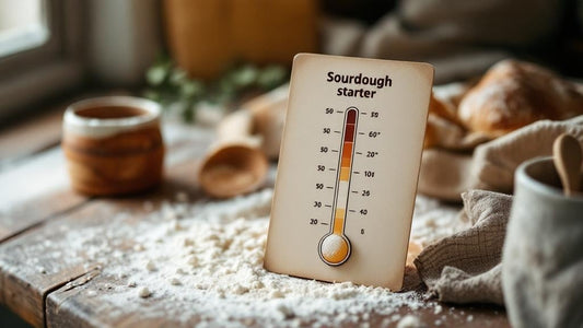 Artisan sourdough starter in a hand-thrown ceramic crock surrounded by baking ingredients — sourdough starter temperature chart guide from Mother's Country Store