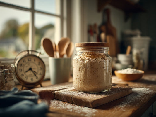 Live sourdough culture showing active wild yeast fermentation on a weathered oak kitchen counter — sourdough starter temperature control guide from Mother's Country Store