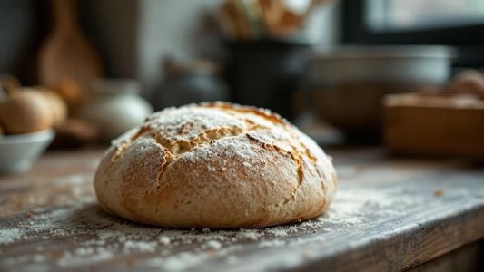 Wild yeast culture in a glass jar with wooden spoon nearby on a marble counter with flour dusting — sourdough starter thickness guide from Mother's Country Store