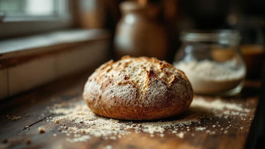 Wild yeast sourdough culture in a mason jar with a crumpled dish towel in the background — sourdough starter timeline guide from Mother's Country Store