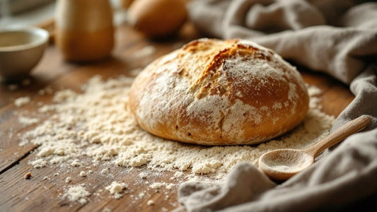 Sourdough starter in a clear glass jar showing visible bubbles beside scattered flour and a wooden spoon — sourdough starter too runny guide from Mother's Country Store