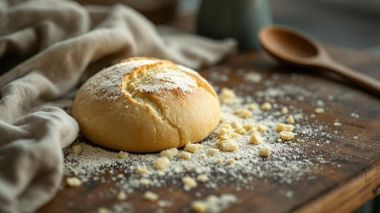 Sourdough starter culture with visible fermentation bubbles on a marble counter with flour dusting — sourdough starter using instant potatoes guide from Mother's Country Store