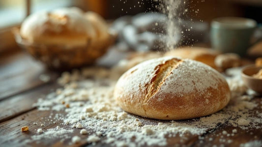 Wild yeast culture in a glass jar with wooden spoon nearby on a marble counter with flour dusting — sourdough starter walmart guide from Mother's Country Store