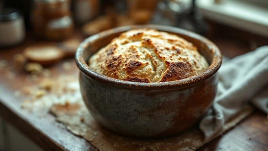 Sourdough starter with a domed top at peak rise next to measuring spoons on a farmhouse table — sourdough starter warmer guide from Mother's Country Store