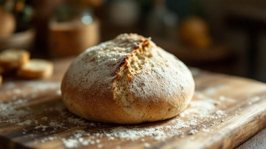 Sourdough starter culture with visible fermentation bubbles on a marble counter with flour dusting — sourdough starter water on top guide from Mother's Country Store