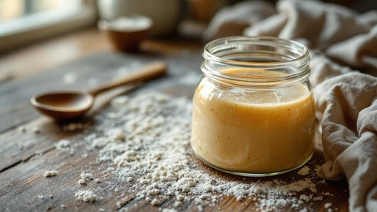 Sourdough starter jar with scattered flour on wooden surface with warm natural window light — sourdough starter watery guide from Mother's Country Store