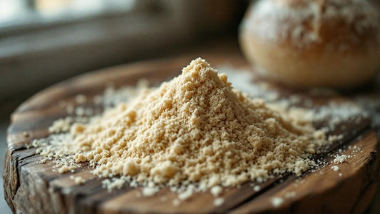 Sourdough starter with a domed top at peak rise next to measuring spoons on a farmhouse table — sourdough starter yeast guide from Mother's Country Store
