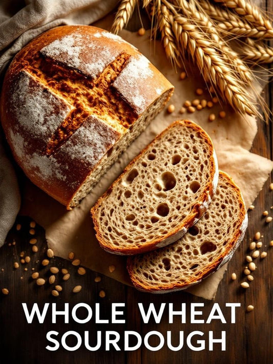 Sourdough starter with a domed top at peak rise next to measuring spoons on a farmhouse table — sourdough whole wheat bread recipe guide from Mother's Country Store