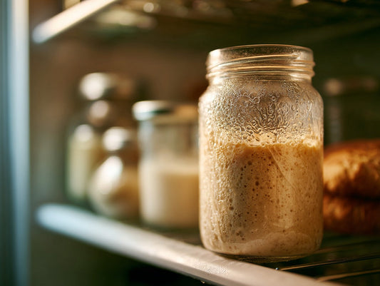 Close-up of bubbling sourdough starter culture with warm natural window light — store sourdough starter fridge guide from Mother's Country Store