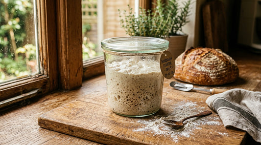 Sourdough starter culture with visible fermentation bubbles on a marble counter with flour dusting — what is sourdough starter guide from Mother's Country Store
