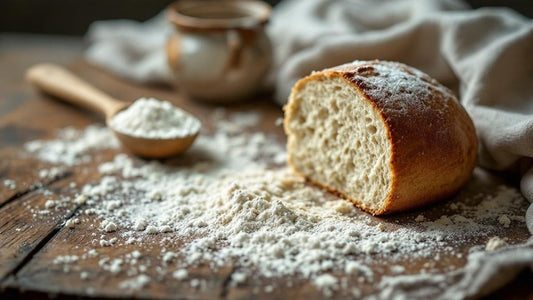 Wild yeast culture in a glass jar with wooden spoon nearby on a marble counter with flour dusting — which sourdough bread is healthiest guide from Mother's Country Store