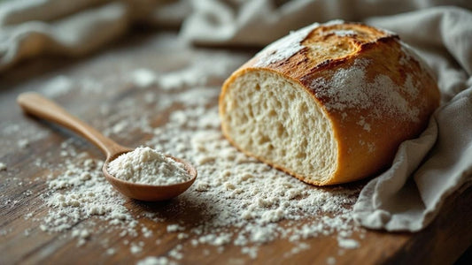 Artisan sourdough starter in a hand-thrown ceramic crock surrounded by baking ingredients — who sells sourdough starter guide from Mother's Country Store