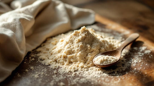 Sourdough starter being fed flour and water with a crumpled dish towel in the background — yeast to sourdough starter guide from Mother's Country Store