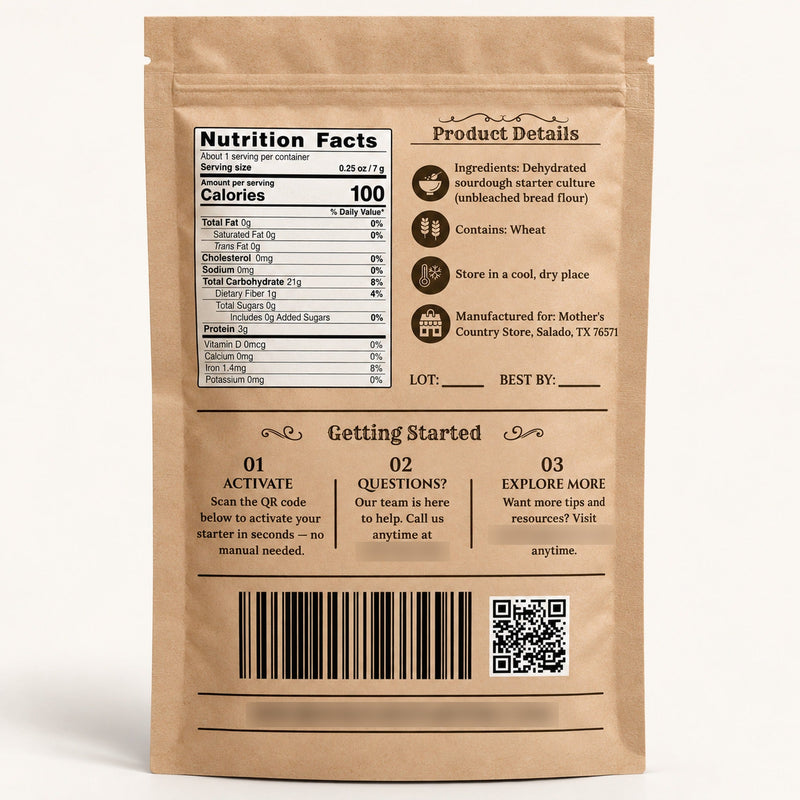 The Mother sourdough starter – pouch back with product details