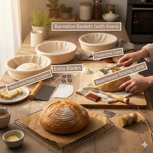 Sourdough Success Bundle - banneton basket set with linen liner, scraper, and scoring lame