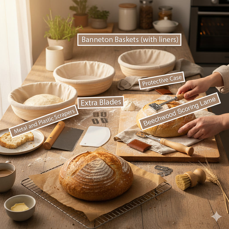 Sourdough Success Bundle - banneton basket set with linen liner, scraper, and scoring lame